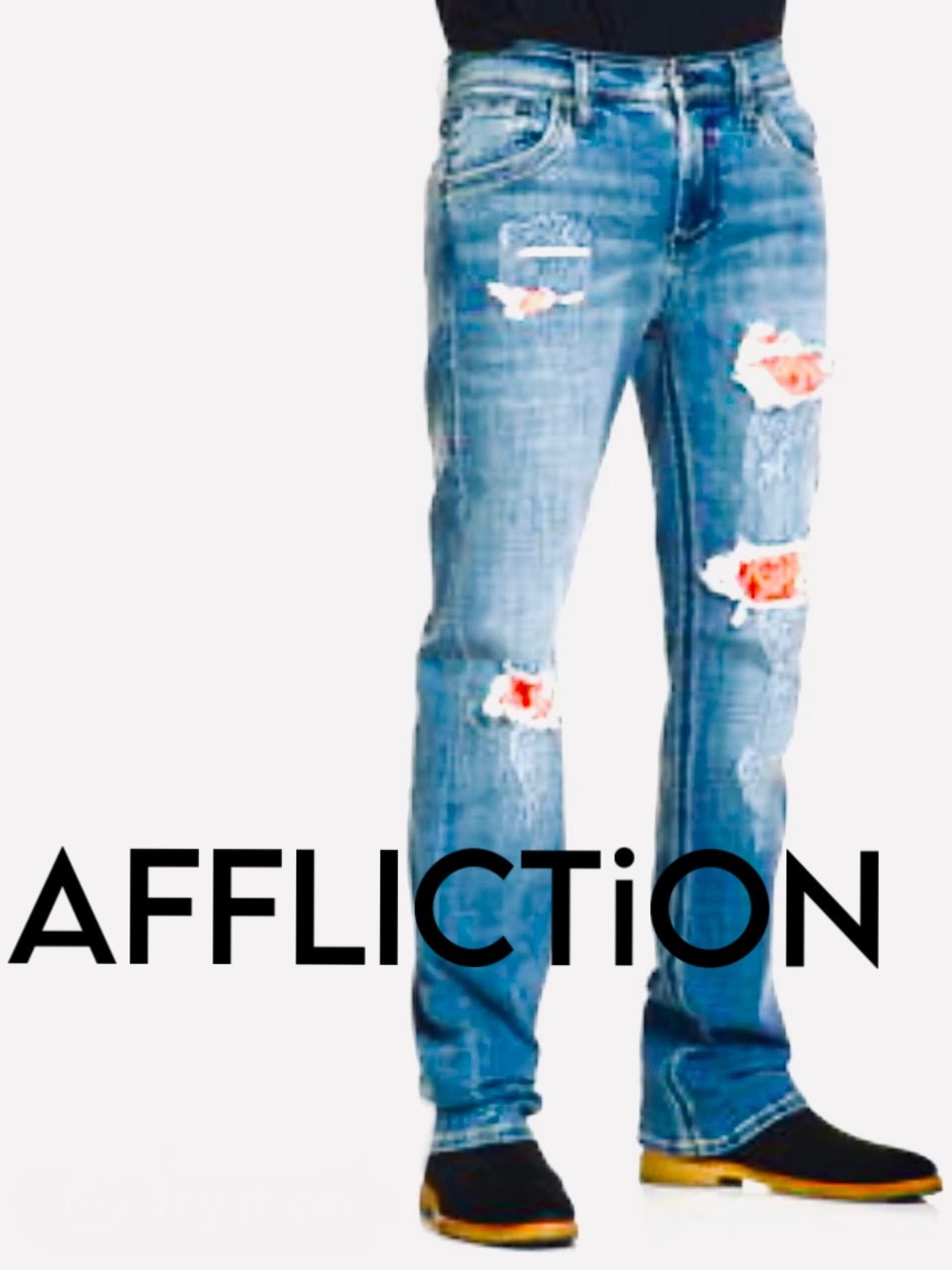 Men’s Affliction Blue Distressed Jeans with red Patch Detail